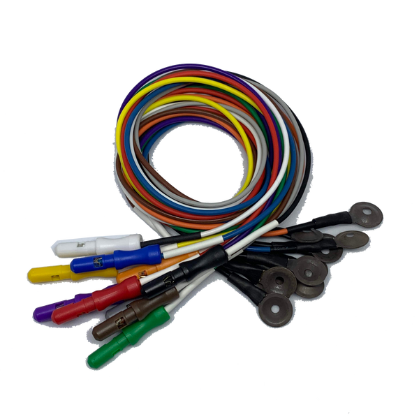 EEG Premium Solid Silver Cup AgCl Electrodes Package with 1.5 DIN Plug and Assorted Lead Colors, Choose Quantity & Length